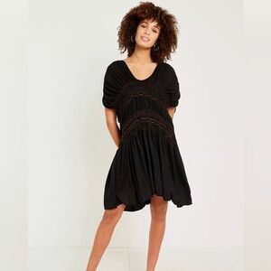 Free People Love On The Run Embroidered Smocked Tie Back Dress Ruched Sleeve